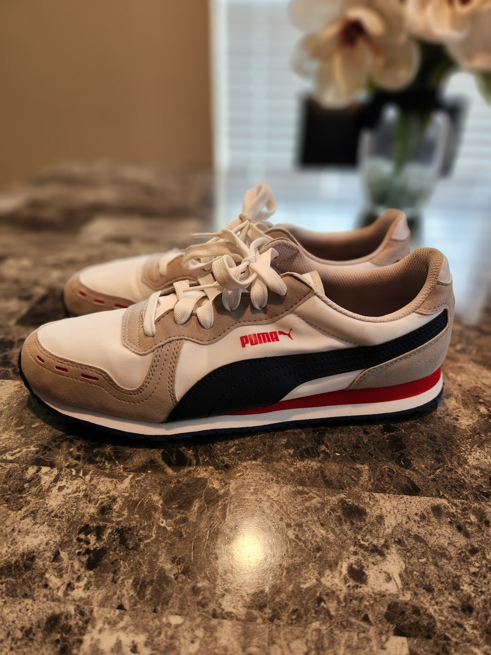 Puma Men’s White Beige Black Sneakers with Red Accent - Picture 4 of 5
